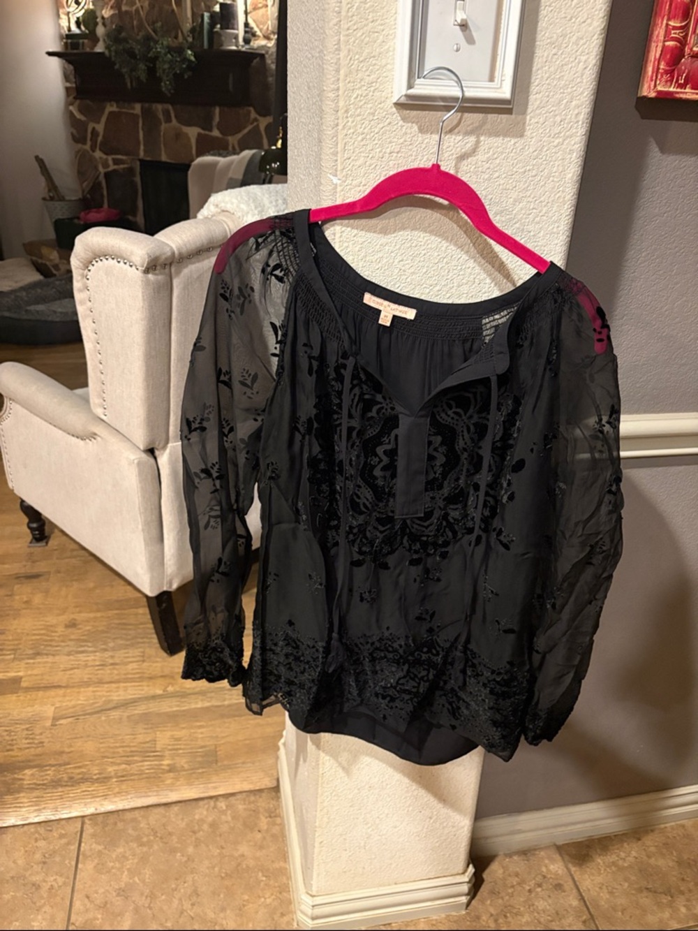 Gibson Latimer Black Sheer Embroidered Peasant Blouse